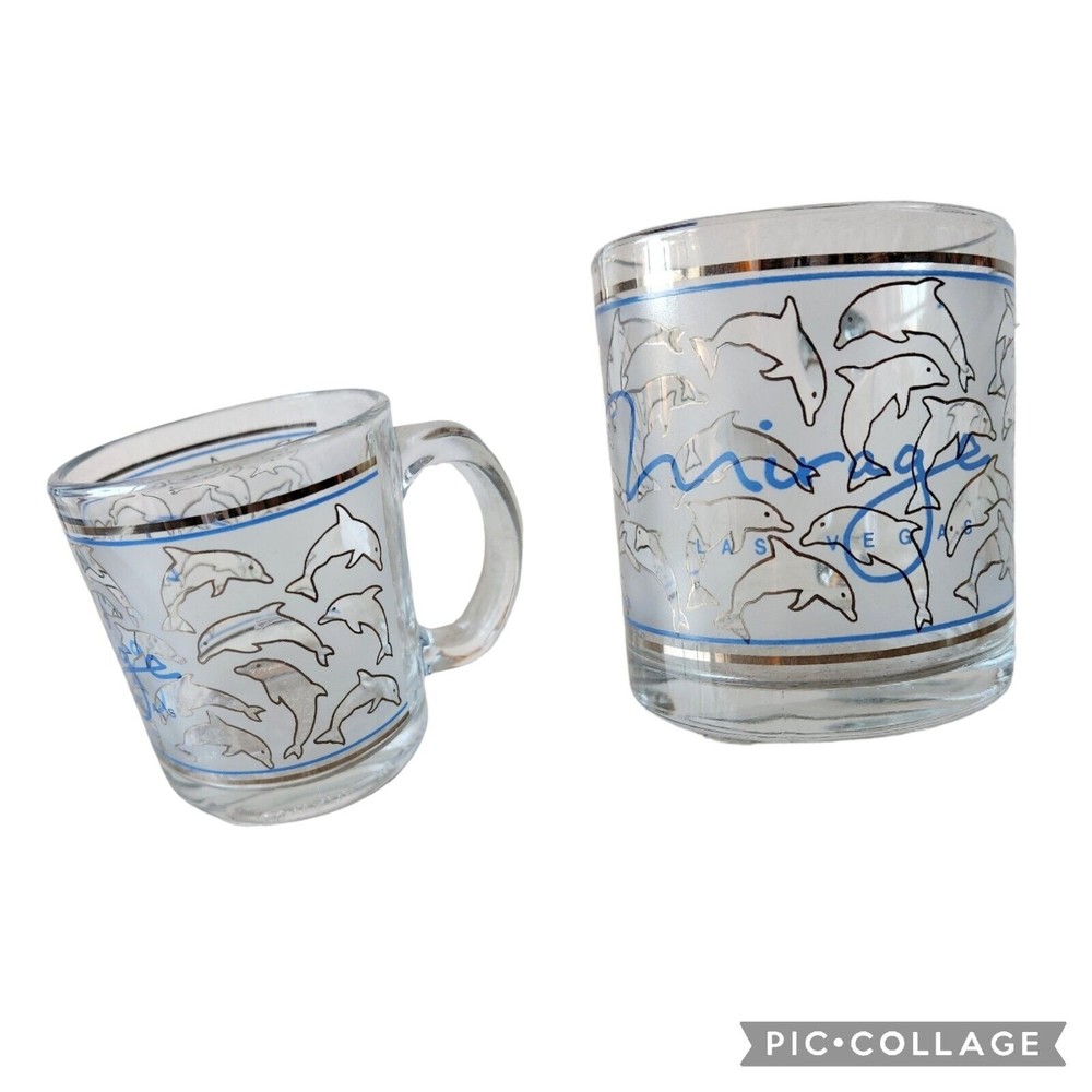 RARE Las Vegas Mirage Clear Glass Mirage Dolphin Logo Coffee Cup Mug Made USA